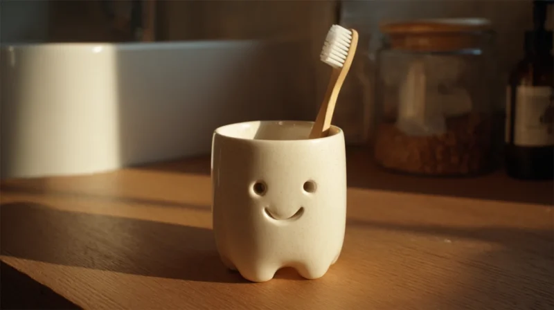 Casa u kojoj stoji cetkica za zube u kupatilu