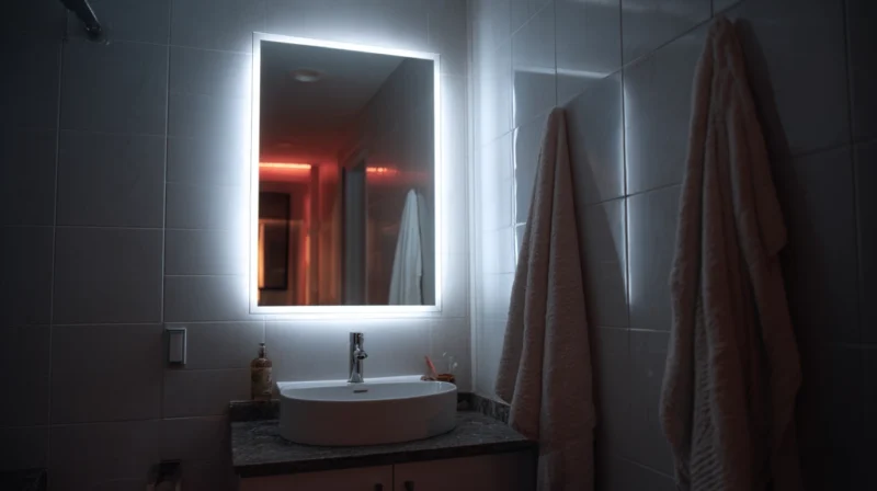 Led ogledalo na zidu iznad lavaboa u kupatilu