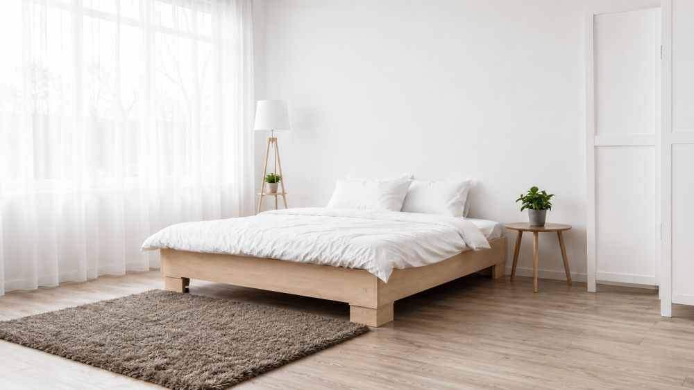 Minimalistička spavaća soba sa drvenim podom, velikim krevetom i mekanim tepihom pored kreveta.